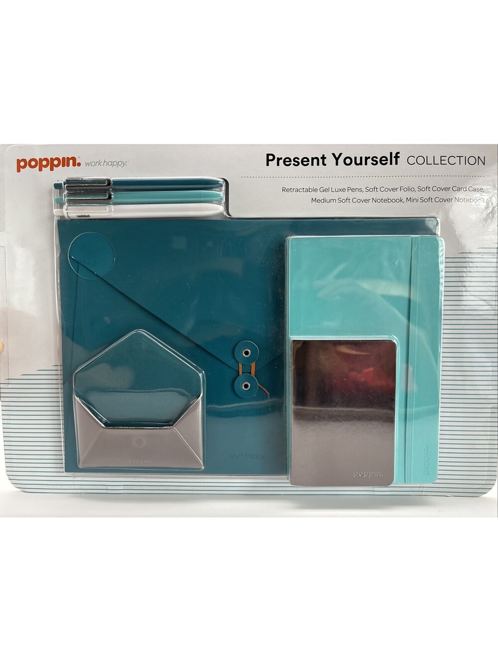 Poppin Work Happy Present Yourself (Teal Aqua) 7 Pcs: Soft Notebook, Pens, Etc